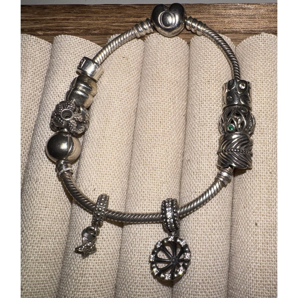 Pandora Heart Clasp 925 Sterling Silver Snake Bracelet ALE + 9 Charms 43 grams